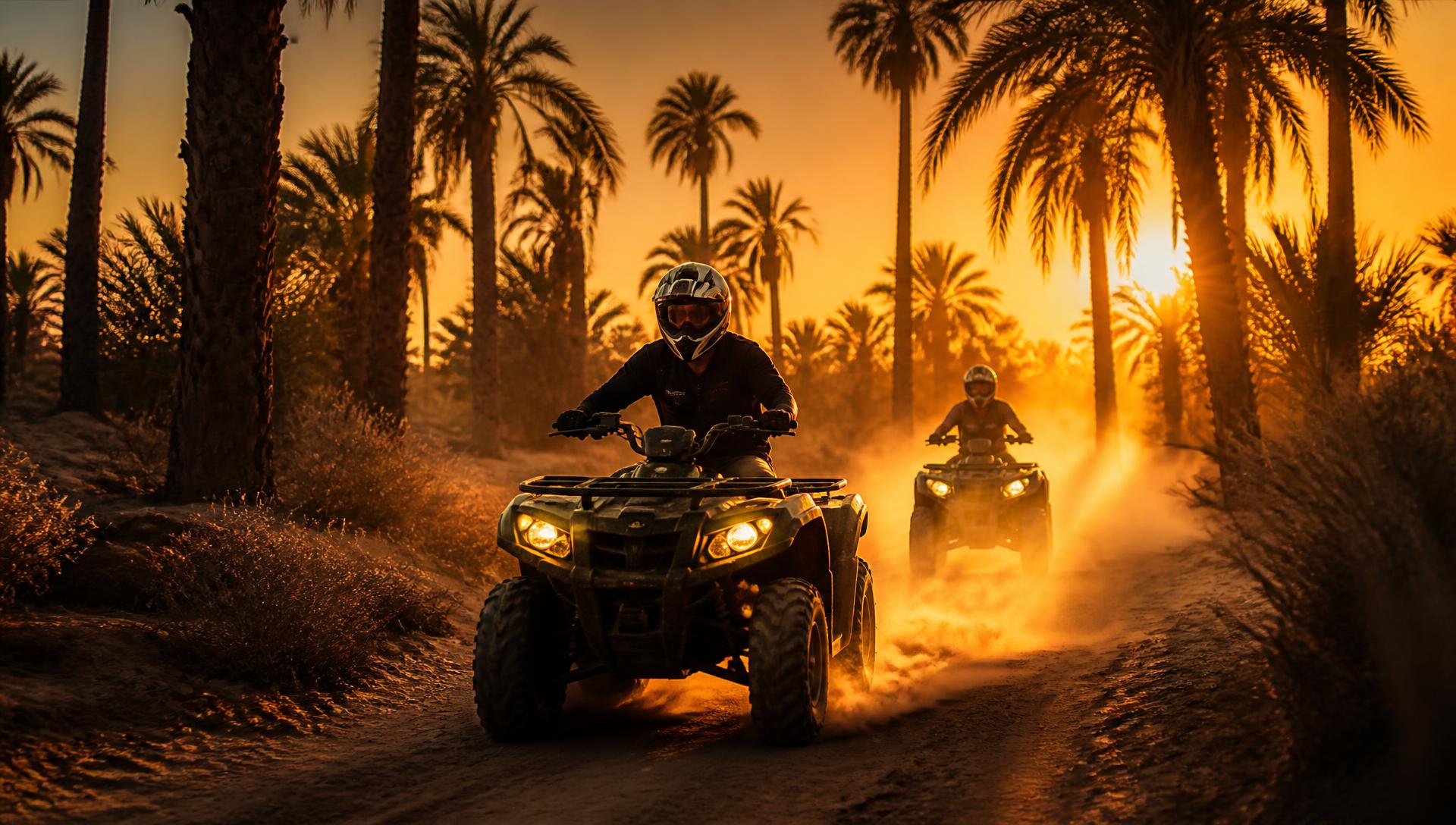 Quad bikes riding through a Djerba palm forest at sunset